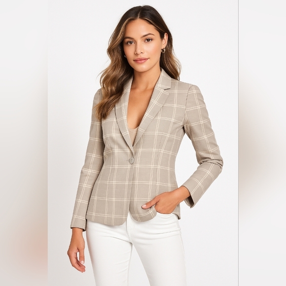 Rebecca Taylor Linen Plaid Blazer Jacket Gray White Button Pockets Women's Sz 0 - Picture 1 of 10